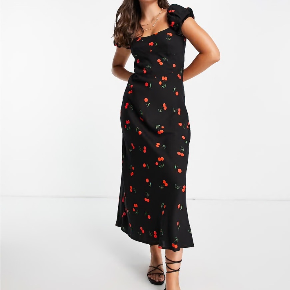 ASOS Black Cherry Print Midi Dress Corset Detail Cap Sleeve Cottagecore date